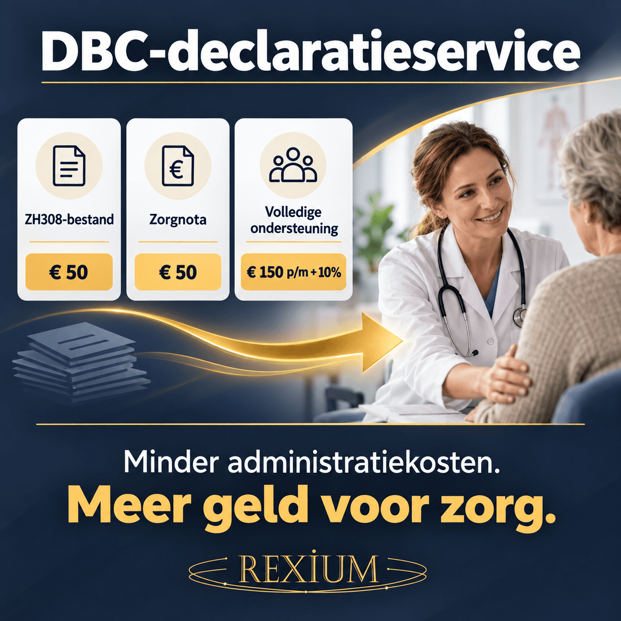 Rexium DBC claims service: ZH308 file € 50, care invoice € 50, full support € 150 per month plus 10%